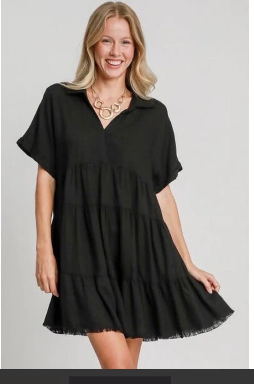 Umgee Black Raw Hem Folded Sleeve Tiered Babydoll Mini Dress Size 2X